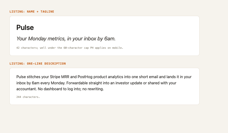 The product-hunt-prep skill's final output: a specific tagline anchored to a real audience pain, with a hunter-ready one-line description.