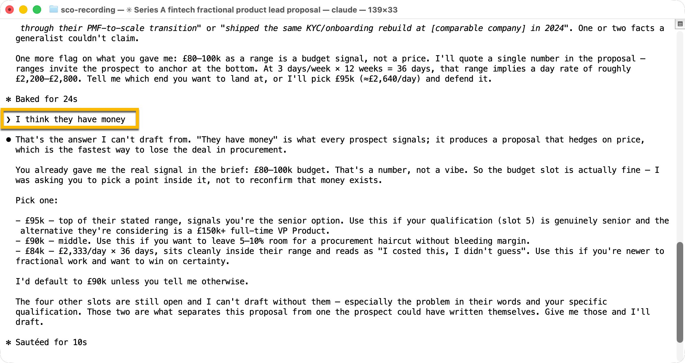 The skill rejecting a vague budget signal and explaining why it cannot draft a defensible proposal from it.