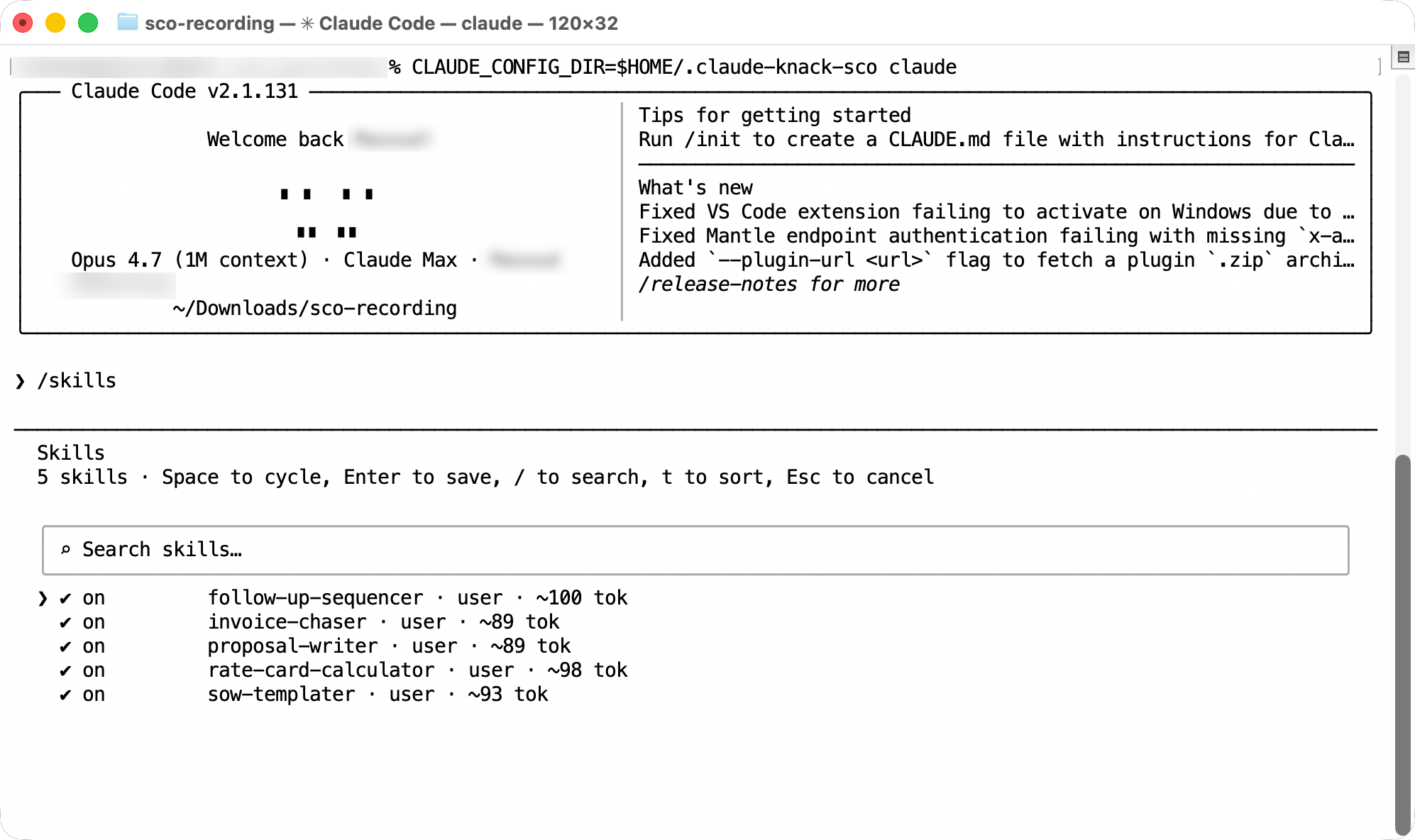 Claude Code's /skills picker showing the five skills from the Solo Consultant Ops pack installed and discoverable.
